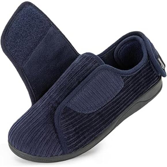 HomeTop Womens Size 10 Navy Blue Corduroy Adjustable Hook Loop Diabetic Slippers - Picture 1 of 6
